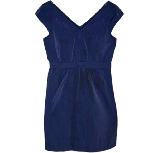 Theory Amandana V-Neck Fit-Flare Cap Sleeve Party Dress - Navy Blue - 8 - Picture 1 of 9